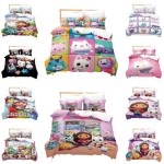(Family, 135x200cm/53.1*78.7in) 3-Piece Quilted Duvet Cover Set, Gabbys Dollhouse Cartoon Print Kids Bedding
